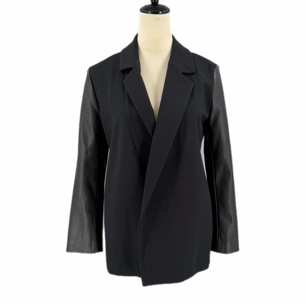 Ann Taylor PETITE Black Faux Leather Sleeve Blazer Workwear Office Edgy Jacket